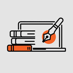 Poster - Laptop with fountain pen and books isolated on white background, representing writing, education, literature, and digital content creation