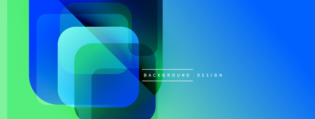 Poster - Abstract geometric shapes overlap. Gradient colors blendblue, green, turquoise. Modern design suggests technology, innovation. Minimalist aesthetic.