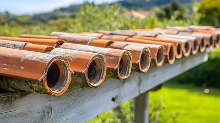 Rustic Orange Roof Tiles on Wooden Structure Outdoors