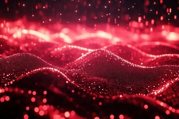 Poster - Luminous waves of movement create an abstract red background full of energy and dynamism, Abstract background with the movement of luminous particles Digital technology 3D rendering