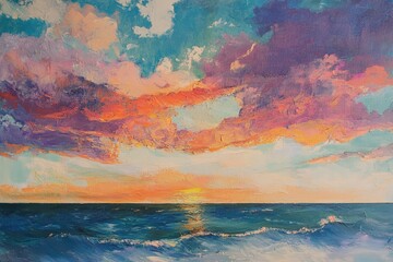 Poster - Beautiful ocean view at sunset with vibrant colors painting the sky over gentle waves, Ocean view with sunset sky