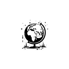Stylized black and white globe illustration representing global themes and geography