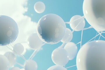 Poster - Soft white spheres create an abstract background with geometric structures under a bright sky, White soft spheres Abstract background with geometric shapes 3D render