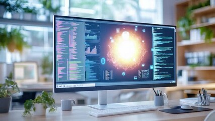Poster - Digital Innovation Display: An Ultra-wide monitor showcases advanced data analysis visualizations in an office setting, symbolizing technological evolution.