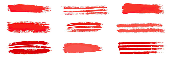Poster - Set of assorted red brush stroke textures and paint swatches with rough and smooth edges for artistic design and graphic projects