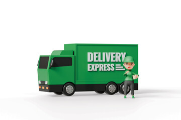 Poster - 3d A man cartoon character delivery people with driver truck icon isolated on white background. Truck delivery service and transportation concept. Green delivery man with truck delivery. 3d render.