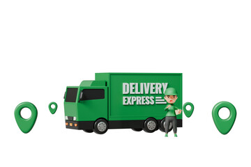 Poster - 3d A man cartoon character delivery people with driver truck icon isolated on white background. Truck delivery service and transportation concept. Green delivery man with truck delivery. 3d render.