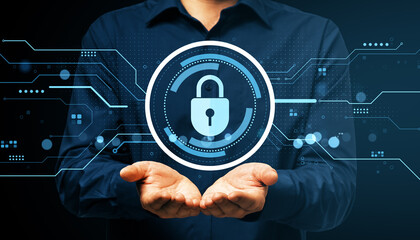 Fototapete - Businessperson showing digital padlock icon with hands representing cybersecurity and data protection on dark technology background.