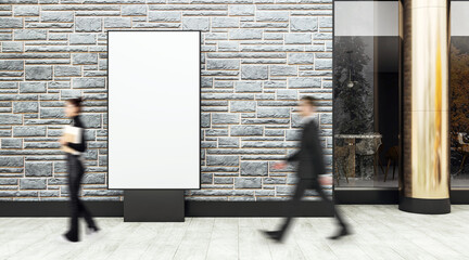 Poster - Vertical blank advertising billboard on stone wall outside business center with blurred people walking by on modern street facade background.
