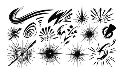 Leinwandbilder - cartoon expression elements, variety of black dynamic lines, accent marks, motion streaks, impact bursts, swirl lines, spark symbols, easily editable.