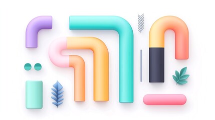 Leinwandbilder - Pastel Colored Curved Pipes and Geometric Shapes on White Background