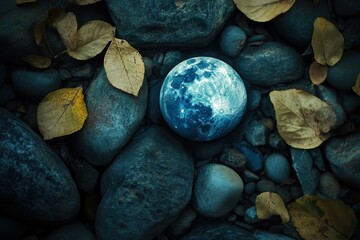 Poster - Captivating depiction of the moon resting on stones surrounded by autumn leaves in a serene environment, earth and moon