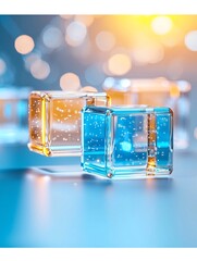Poster - Floating Glass Cubes Symmetrical Arrangement with Blue and Yellow Hues