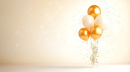 Poster - Floating Gold and White Balloons with Confetti on Beige Background