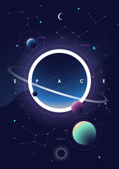 Poster - Universe background for presentation design. Brochure template with space elements. Minimalistic color space. Universe exploration concept.