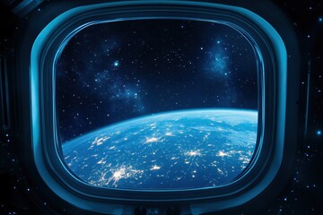 Poster - View of Earth from a spacecraft window showcasing a stunning outer space perspective, Outer space view through a spacecraft window Seamless  background
