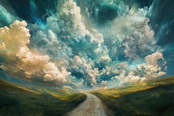 Poster - Moving clouds drift over a serene landscape under a vast sky, timeslape of moving clouds with terest