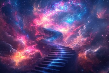 Poster - Mystical staircase leads into vibrant cosmic galaxy filled with swirling colors and galaxies, Mystical staircase ascends into cosmic galaxy filled with colorful spirals of stars and nebulae