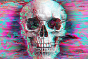 Poster - Distorted skull art showcases digital glitch effects in vivid colors, Skull distorted by digital glitch Seamless