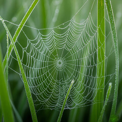 spider web in the morning dew. spider web with dew drops. CloseUp of dew-covered spiderweb in green grass.
