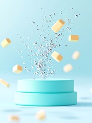 Poster - Floating Pastel Cubes and Metallic Splashes Above Cyan Platform