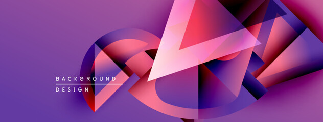Fototapete - Abstract geometric shapes overlap, creating vibrant purple, pink, blue gradients. Modern design elements suggest innovation, energy.