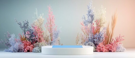 Poster - Pastel Floral Decor on White Platform with Blue Display
