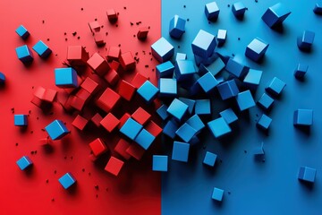 Poster - cubes in chaotic motion on a vibrant red and blue background revealing dynamic energy at midday, red