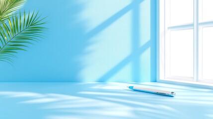 Poster - Floating Pen in Minimalist Blue Room with Sunlight and Palm Leaf