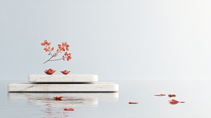 Poster - Floating Petals on a Marble Platform