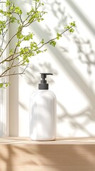 Poster - White Lotion Bottle Mockup with Spring Branch in Sunlight