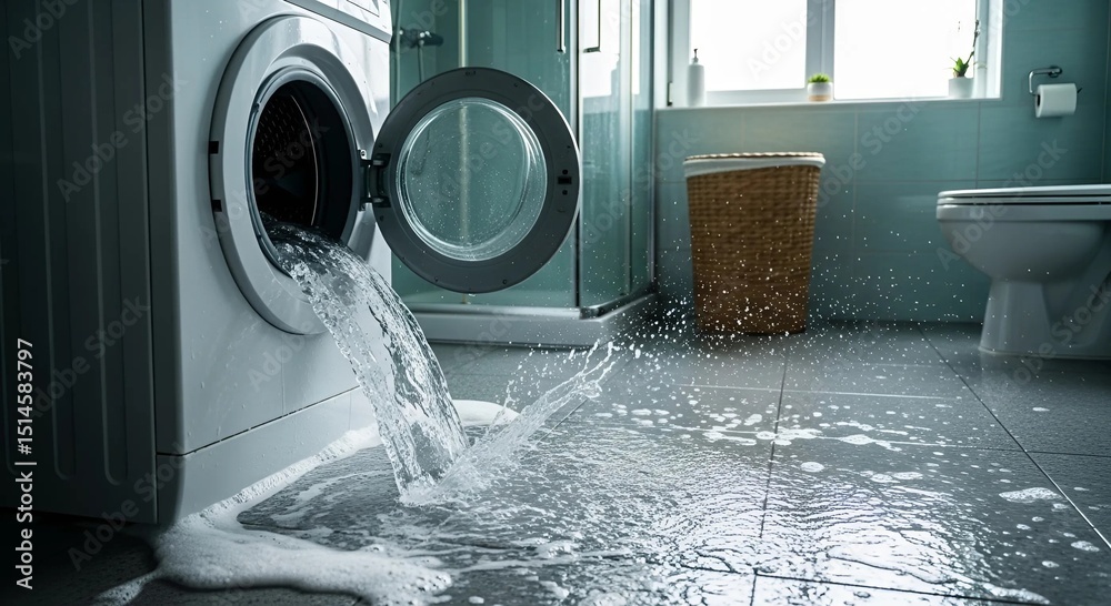 Washing machine with open door is leaking water onto bathroom floor
