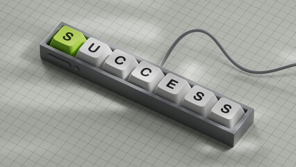 Poster - success.Computer keyboard keys spelling.Flat lay view from above on white background with computer keyboard keys buttons.IT technology concept.3D rendering on white background.