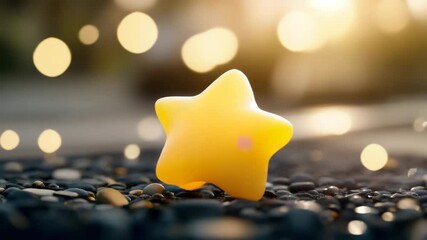 Poster - Cute yellow star with smiling face standing on small rocks with blurry glowing circles in the background