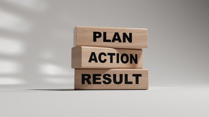 Poster - Plan Action Result symbol. Concept words Plan Action Result on wooden blocks.Business concept and Plan Action Result. Copy space.3D rendering on white background.