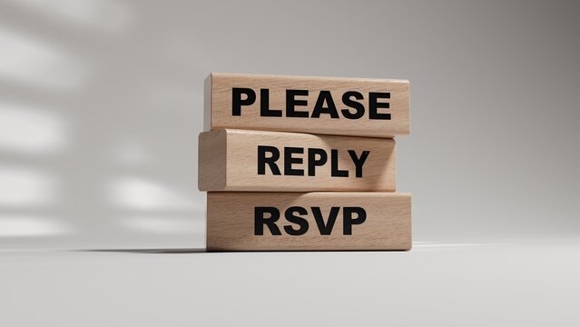 Word PLEASE REPLY rsvp. Wooden small cubes with letters. wooden blocks. Copy space.3D rendering on white background.