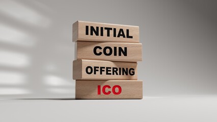 Poster - letters of the alphabet of ICO on wooden blocks. ICO - short for initial coin offering. wooden blocks. Copy space.3D rendering on white background.