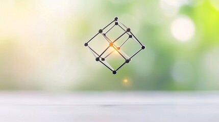 Poster - Floating Wireframe Cube with Light Shadow and Grid on Green Blurred Background