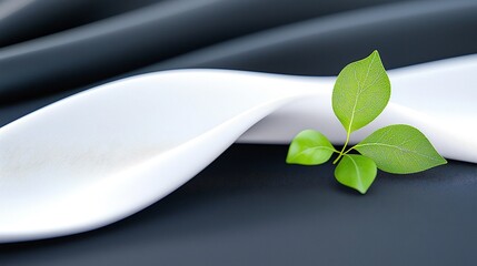 Poster - Abstract White Ribbon Flowing Over Black Background with Green Leaves