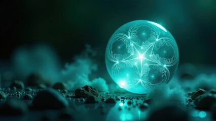 Wall Mural - Blue sphere with a snowflake design on it. The sphere is surrounded by rocks and he is glowing