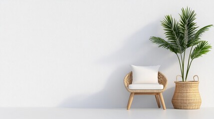 Poster - White Room Minimalist Interior Design with Wicker Chair and Palm Plant