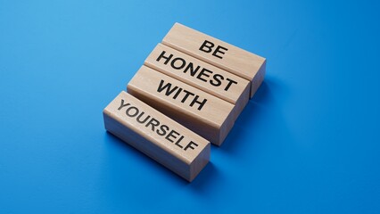 Aufkleber - Be honest with Yourself symbol. wooden blocks with words Be honest with Yourself. Be honest with Yourself concept.Copy space.3D rendering on blue background.