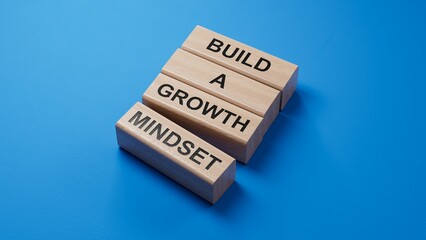 Poster - Build a growth mindset symbol. Concept words Build a growth mindset on wooden blocks.Business and Build a growth mindset world concept.3D rendering on blue background.