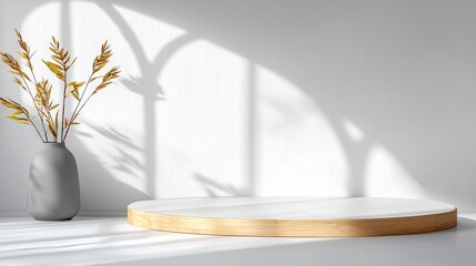 Poster - White Round Platform Beside Textured Wall with Sunlight Shadows