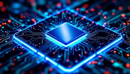 Illuminated microchip processor with electronic circuits and glowing lines in a modern digital design