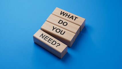Poster - What do you need symbol. wooden blocks with words What do you need.Business and What do you need concept. Copy space.3D rendering on blue background.