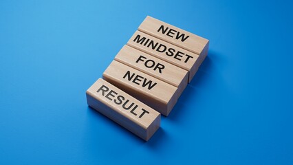 Poster - Mindset symbol. wooden blocks with words New Mindset for new Result.Business and New Mindset new Result concept. Copy space.3D rendering on blue background.