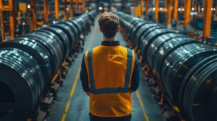 Poster - A worker in a bright safety vest is standing in a warehouse, watching over rows of steel coils. The facility is busy, and the environment is filled with machinery and equipment