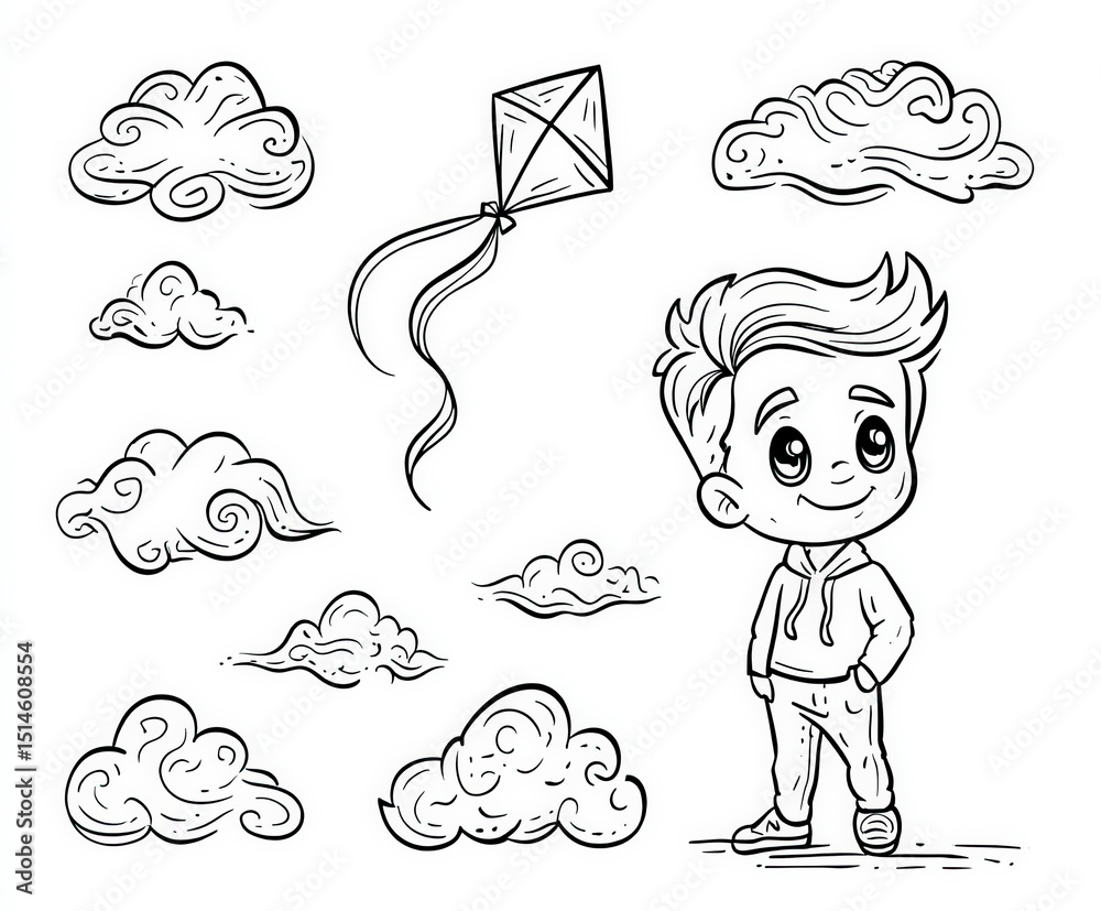 Boy with a kite and clouds , coloring page for kids, simple outline ...