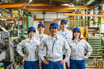 Leinwandbilder - 工場の中に立つ作業員グループの集合写真